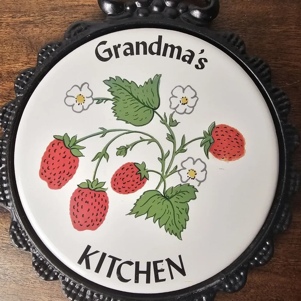 Vintage Grandma’s Kitchen Strawberry Cast Iron & Ceramic Trivet